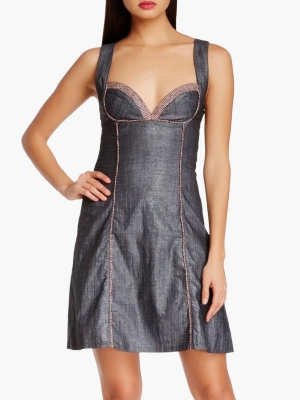 Sweetheart Metallic Dark Denim A-Line Mini Dress !